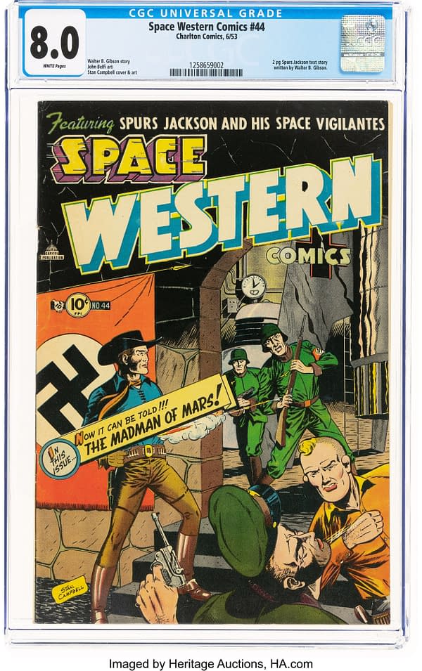 CGC slabbed Space Western Comics #44 by Charlton Comics, a 1953 issue graded 8.0 with white pages, showing a dramatic western-style sci-fi cover. The cover features armed men in a tense futuristic standoff with bold title art and a Nazi flag in the background.