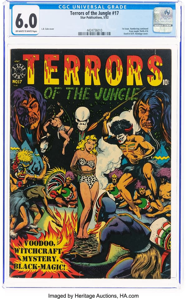 CGC slabbed copy of Terrors of the Jungle #17, a 1952 Star Publications comic, showing a vivid jungle-themed cover with a blonde woman surrounded by masked figures, skulls, and flames.