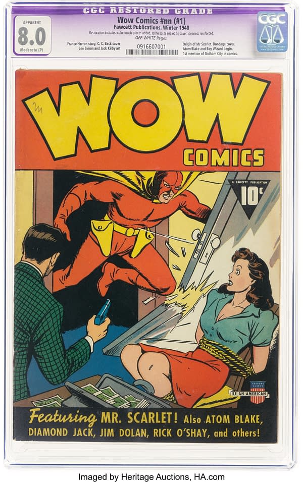 CGC slabbed Wow Comics #1 from Fawcett Publications, Winter 1940, with a brightly colored cover showing Mr. Scarlet confronting a gunman. The label notes an apparent 8.0 restored grade with off-white pages.