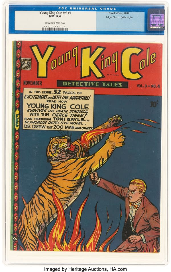 A CGC-graded copy of Young King Cole #v3 #4 in a slab, showing a vivid L.B. Cole comic cover with a tiger lunging through flames at a bespectacled man. The label notes Edgar Church (Mile High), Novelty Press, 1947, and an NM 9.4 grade.