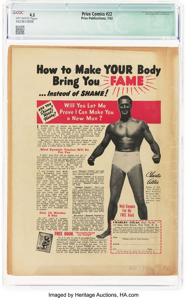 Prize Comics #22 (Prize, 1942) back cover. Charles Atlas advertisement for physical fitness training