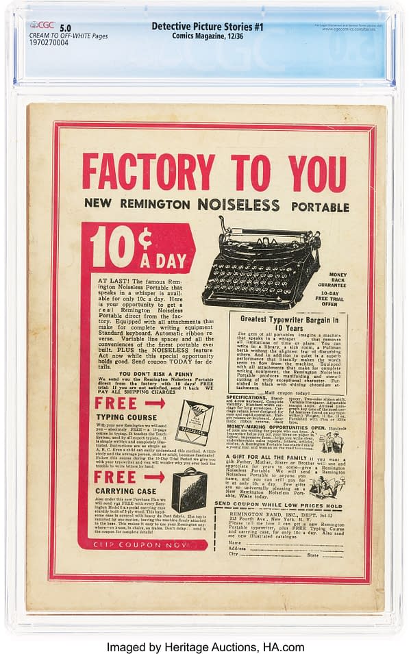 Detective Picture Stories #1 (Comics Magazine Company, 1936) back cover. Advertisement for a Remington Noiseless portable typewriter