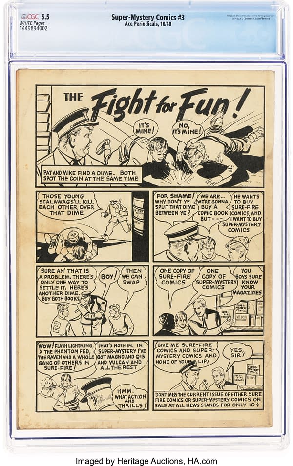 Super-Mystery Comics #3 (Ace, 1940) back cover. Promotional comic strip advertises Sure-Fire Comics and Super-Mystery Comics