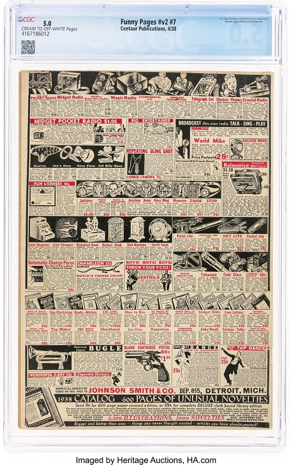 Funny Pages V2#7 (Centaur, 1938) back cover. Johnson Smith & Company advertisement for radios, novelties, and toys