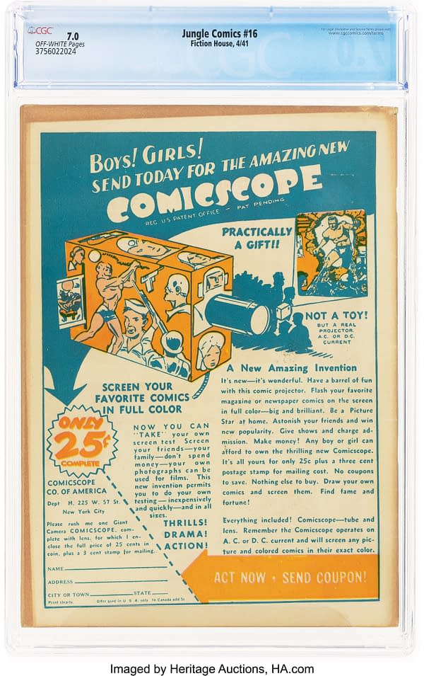 Jungle Comics #16 (Fiction House, 1941) back cover. Advertisement for the Comicscope comic projector