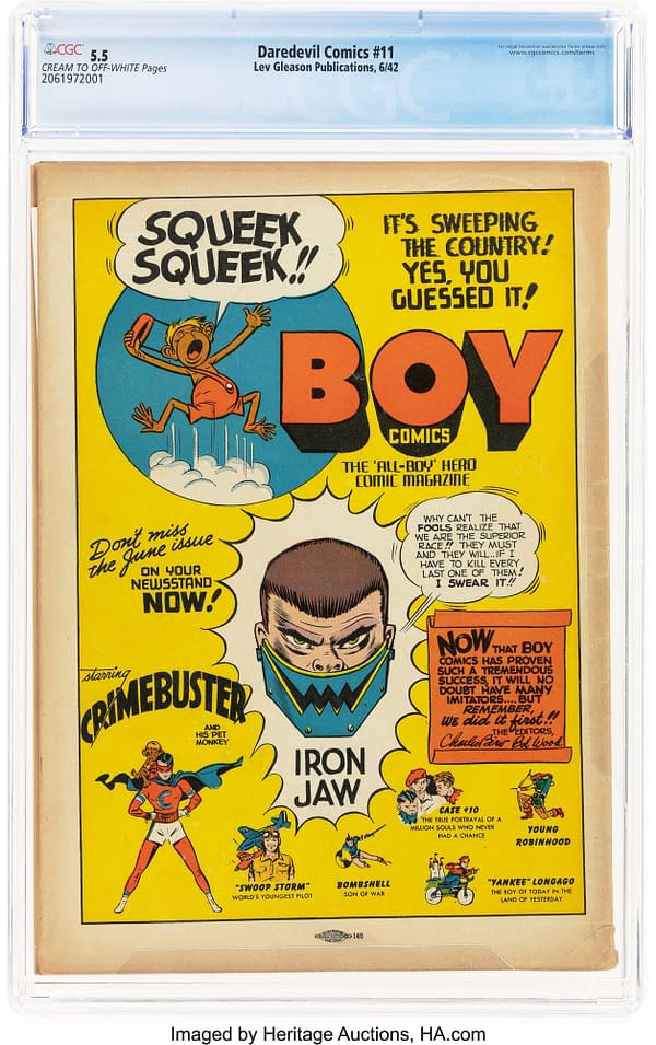 Daredevil Comics #11 (Lev Gleason, 1942) back cover. Advertisement for the Squeex Squeek novelty toy.