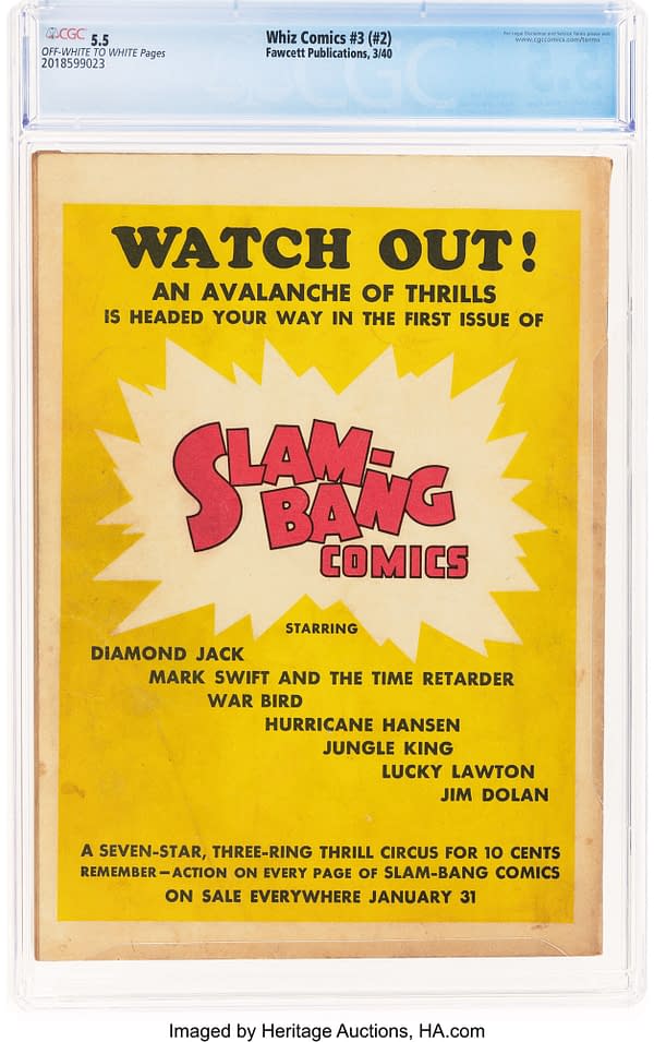 Whiz Comics #3 (#2) (Fawcett, 1940) back cover. Advertisement for the first issue of Slam-Bang Comics