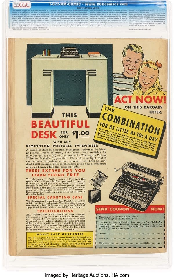 Top-Notch Comics #6 (MLJ, 1940) back cover. Advertisement for a Remington portable typewriter and desk