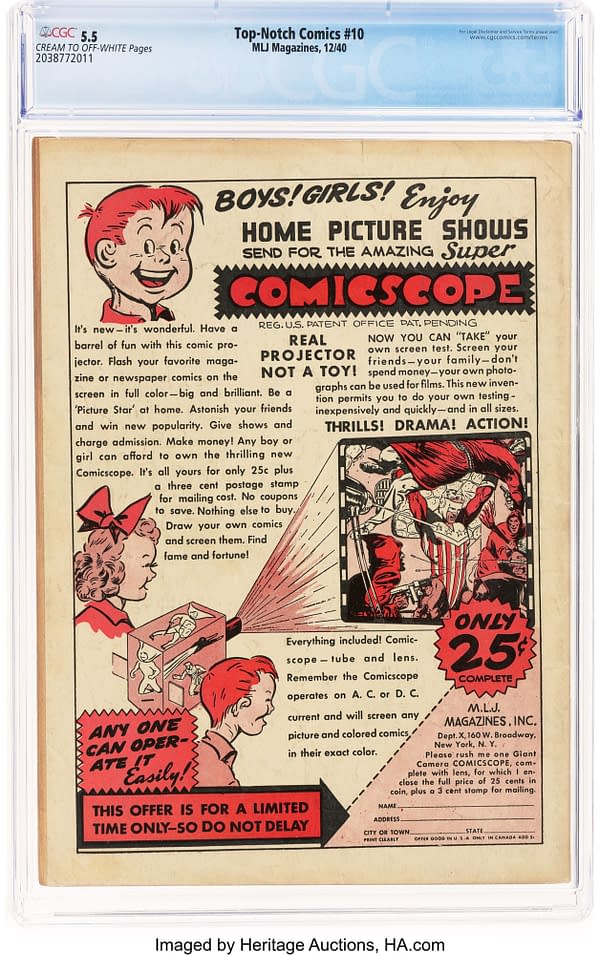 Top-Notch Comics #10 (MLJ, 1940) back cover. Advertisement for the Comicscope comic projector