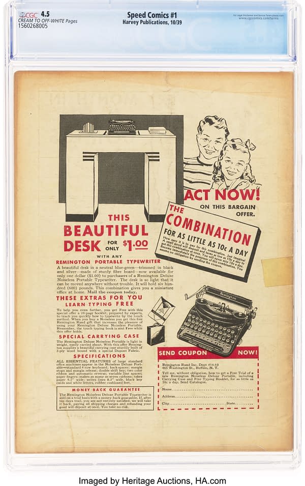 Speed Comics #1 (Brookwood, 1939) back cover. Advertisement for a Remington portable typewriter and desk