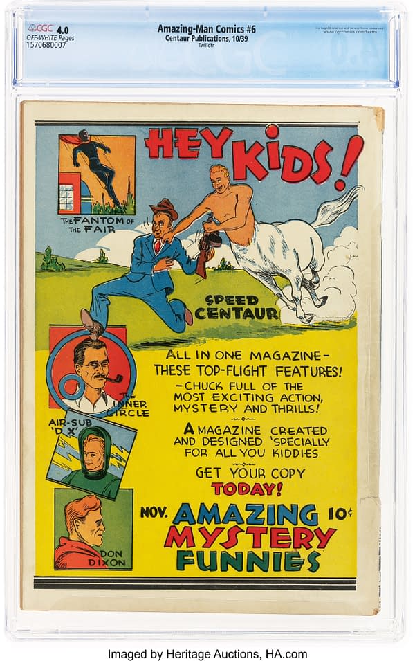 Amazing-Man Comics #6 (Centaur, 1939) back cover. Advertisement for Amazing Mystery Funnies featuring the Fantom of the Fair and Speed Centaur