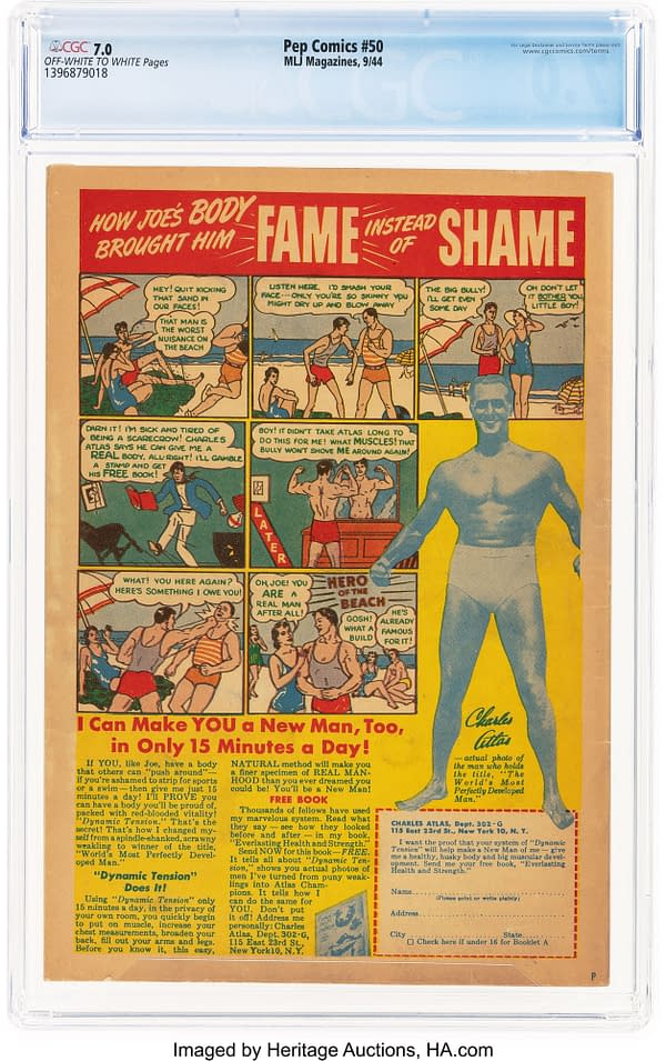 Pep Comics #50 (MLJ, 1944) back cover. Charles Atlas advertisement for Dynamic Tension physical fitness training