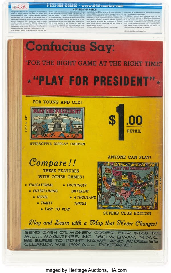 Blue Ribbon Comics #7 (MLJ, 1940) back cover. Advertisement for the Play for President board game