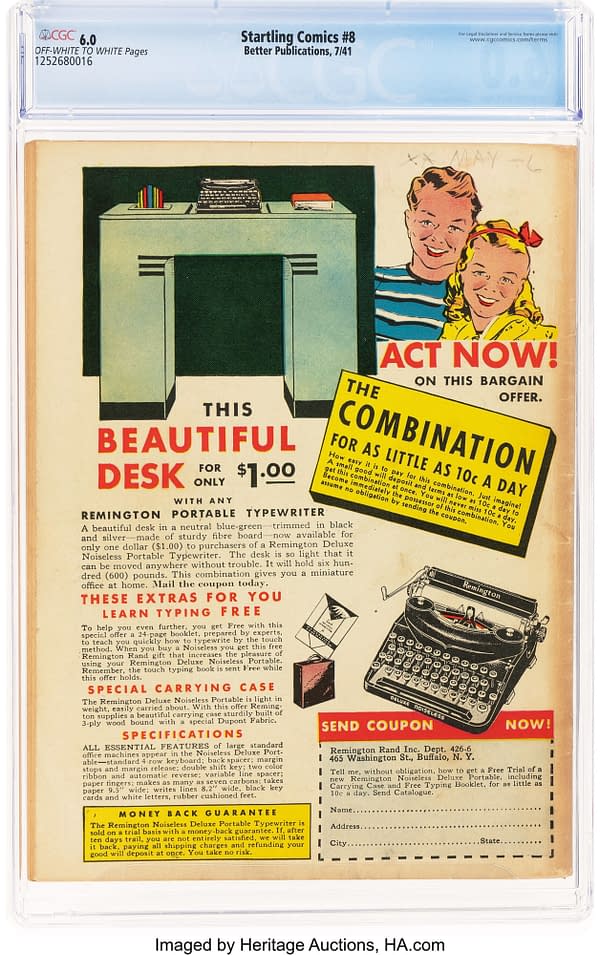 Startling Comics #8 (Better Publications, 1941) back cover. Advertisement for a Remington portable typewriter and desk