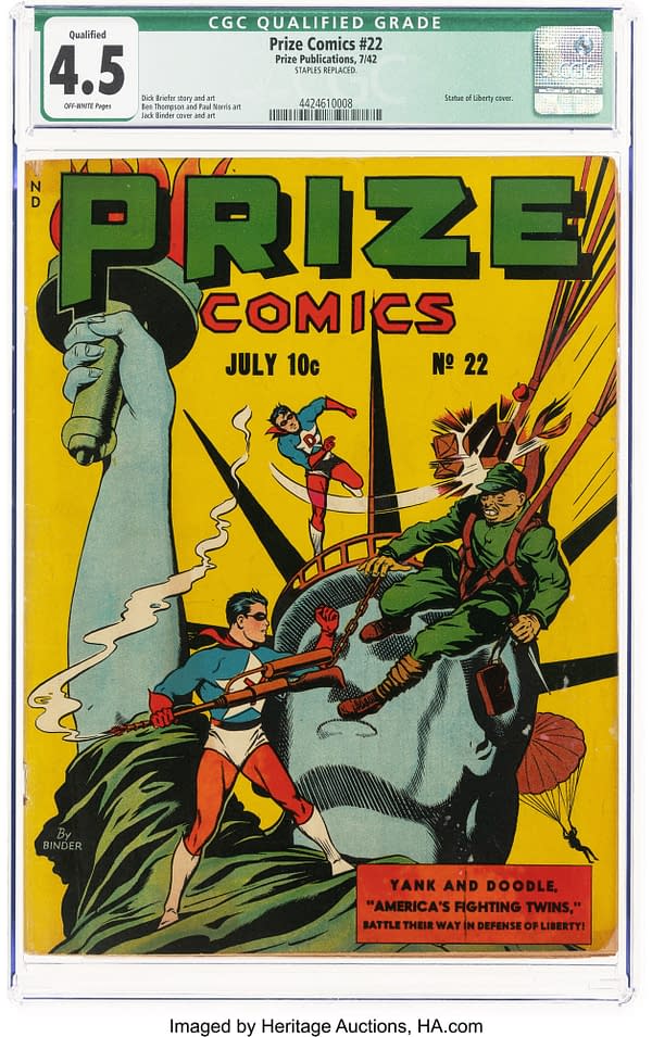 Prize Comics #22 (Prize, 1942) front cover by Jack Binder. Black Owl fights a masked attacker with a spear on a cliff