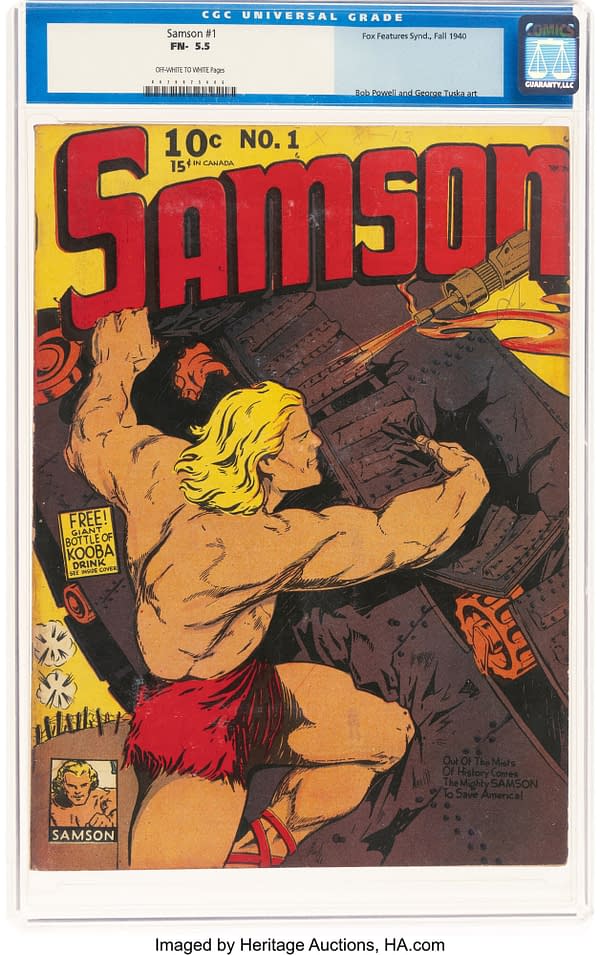 Samson #1 (Fox, 1940) front cover. Samson tears apart an armored tank