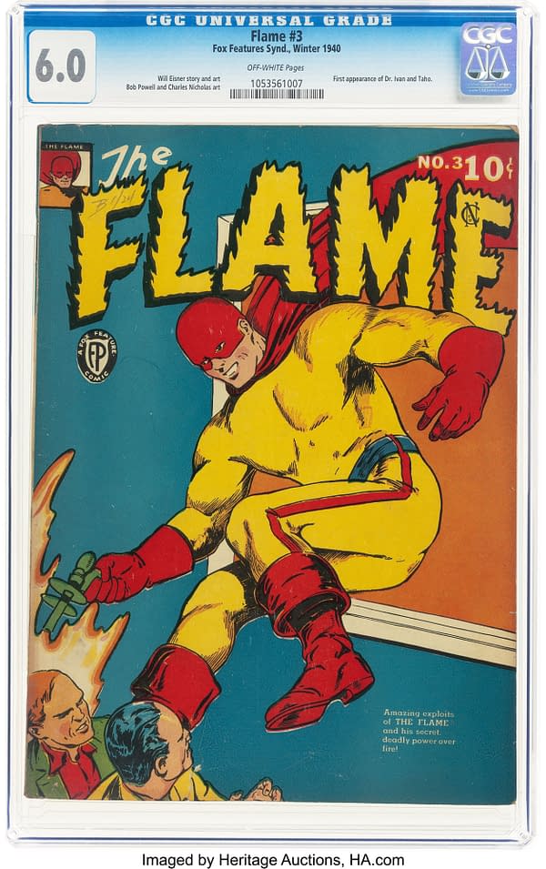The Flame #3 (Fox, 1940) front cover. The Flame carries a bound woman