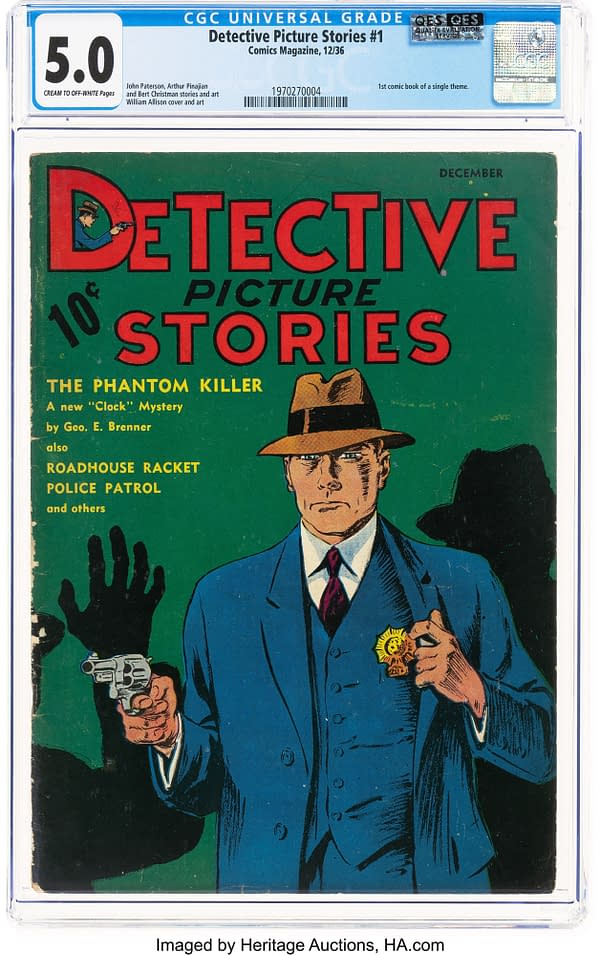 Detective Picture Stories #1 (Comics Magazine Company, 1936) front cover by Bill Allison. A detective draws a revolver while shadowy killers surround him