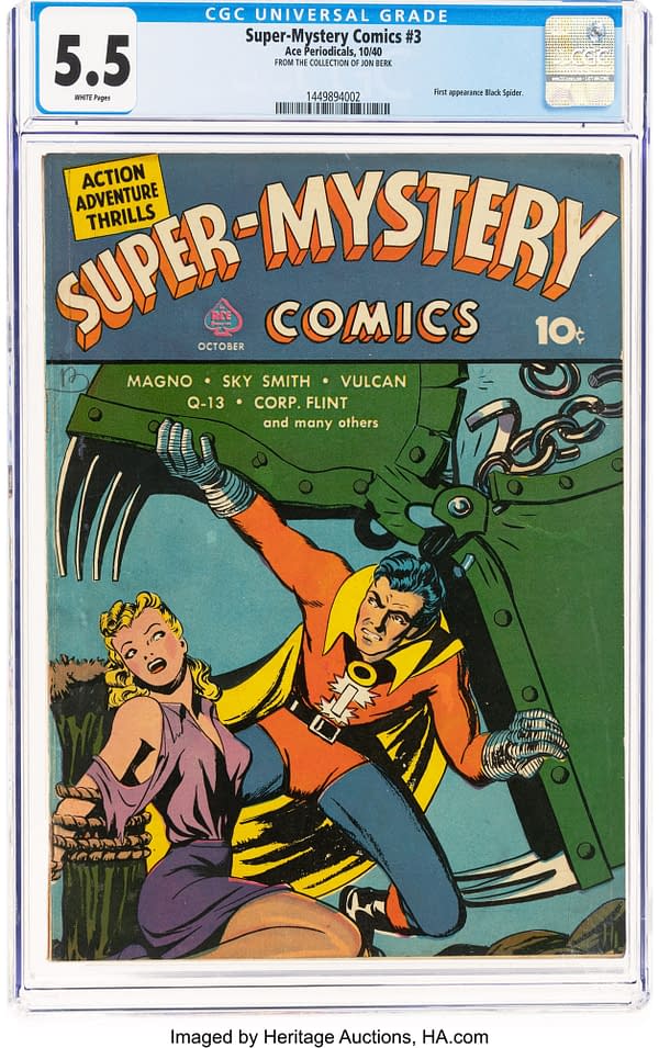 Super-Mystery Comics #3 (Ace, 1940) front cover. Magno frees himself from a giant machine beside a bound woman