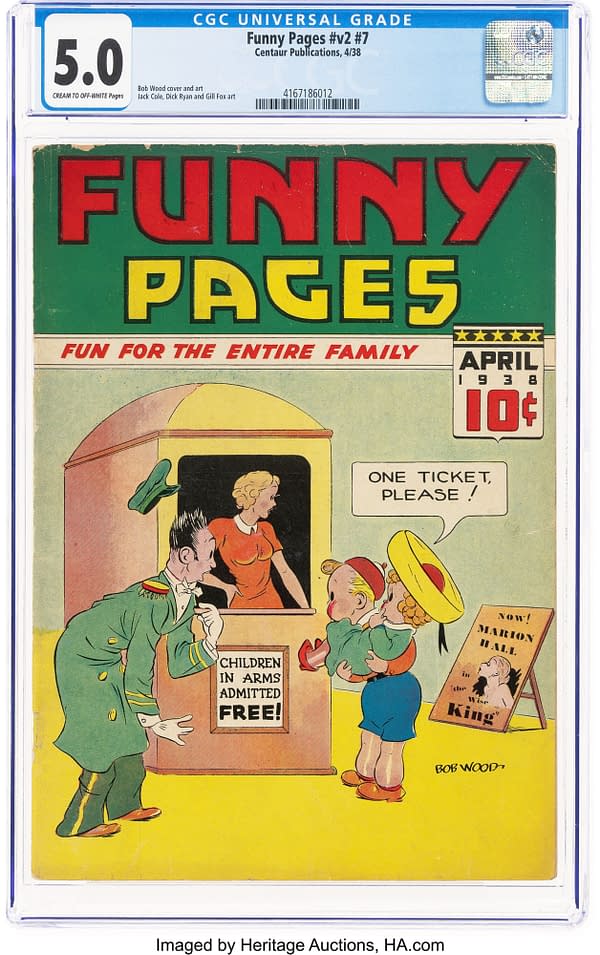 Funny Pages V2#7 (Centaur, 1938) front cover by Bob Wood. A child carries another child to claim free theater admission