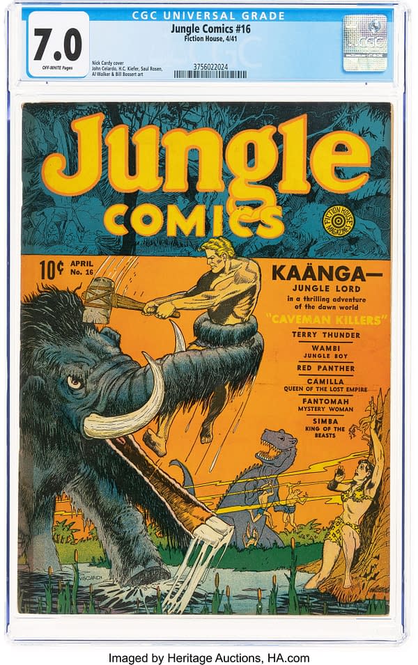 Jungle Comics #16 (Fiction House, 1941) front cover by Nick Cardy. Kaanga battles a charging mammoth as dinosaurs and cavemen attack