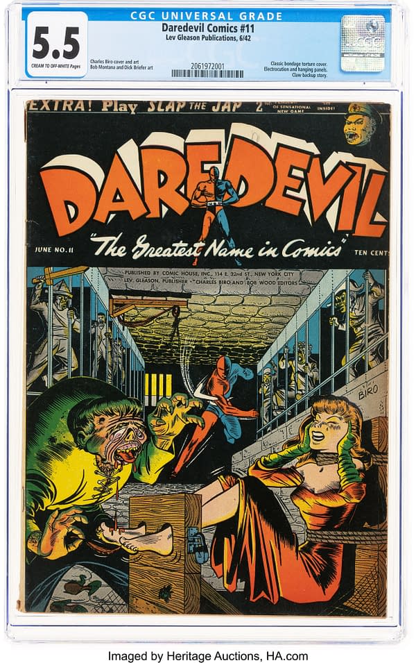 Daredevil Comics #11 (Lev Gleason, 1942) front cover by Charles Biro. Daredevil attacks as prisoners watch a torture scene.