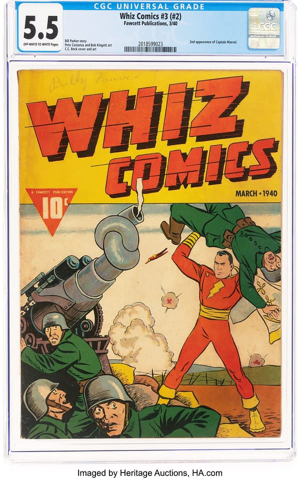 Whiz Comics #3 (#2) (Fawcett, 1940) front cover by C. C. Beck. Captain Marvel hurls soldiers beside an artillery piece