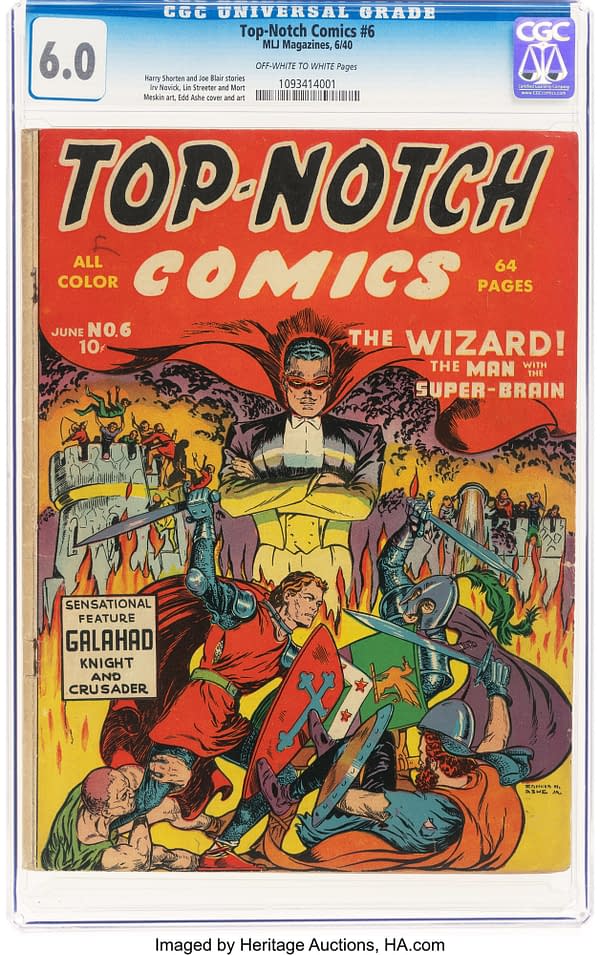 Top-Notch Comics #6 (MLJ, 1940) front cover by Edd Ashe. The Wizard looms over a medieval battle featuring Galahad