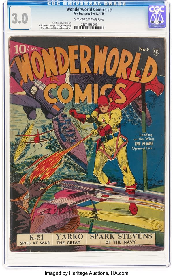 Wonderworld Comics #9 (Fox, 1940) front cover by Lou Fine. The Flame fires from an aircraft wing above a warship at sea.
