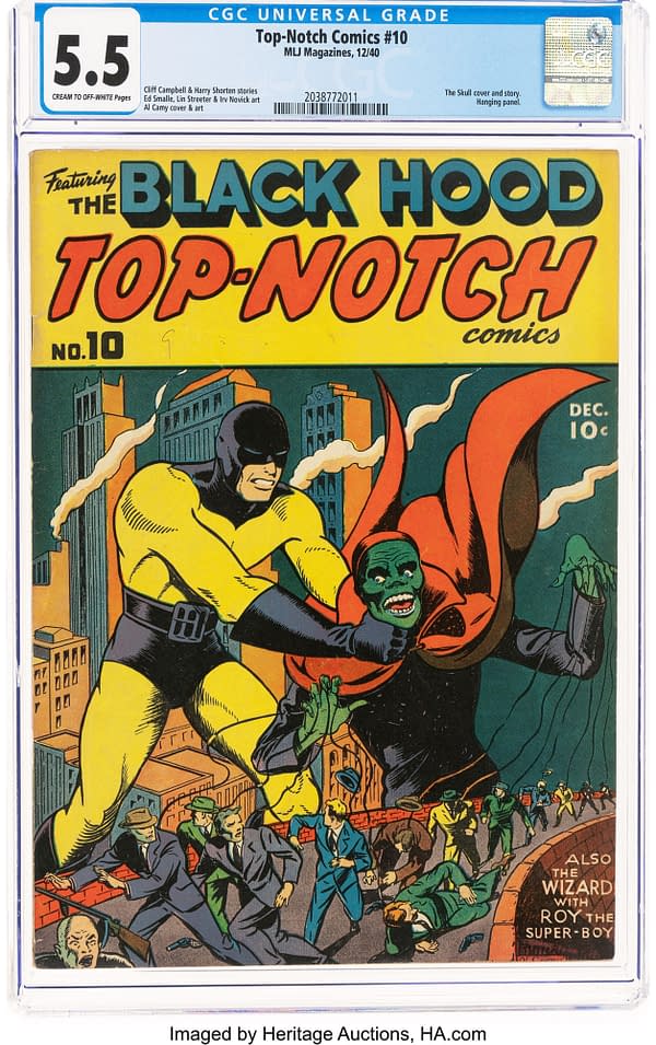 Top-Notch Comics #10 (MLJ, 1940) front cover by Al Camy. The Black Hood battles the green-faced Skull above a city street