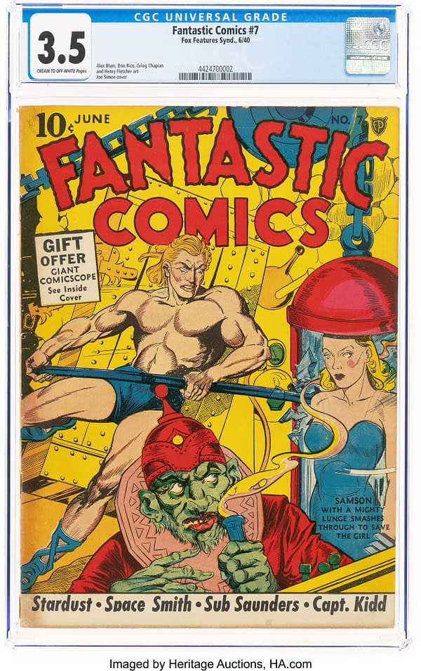 Fantastic Comics #7 (Fox, 1940) front cover by Joe Simon. Samson breaks a giant lance to rescue a woman