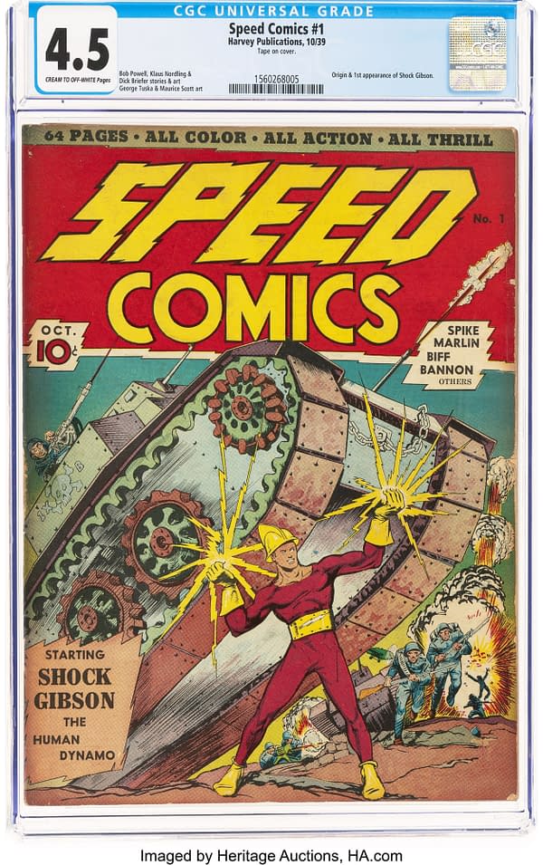 Speed Comics #1 (Brookwood, 1939) front cover tentatively credited to Bob Powell. Shock Gibson tears through machinery as soldiers attack