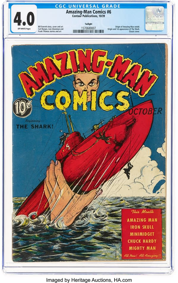 Amazing-Man Comics #6 (Centaur, 1939) front cover by Bill Everett. The Shark attacks an ocean liner at sea