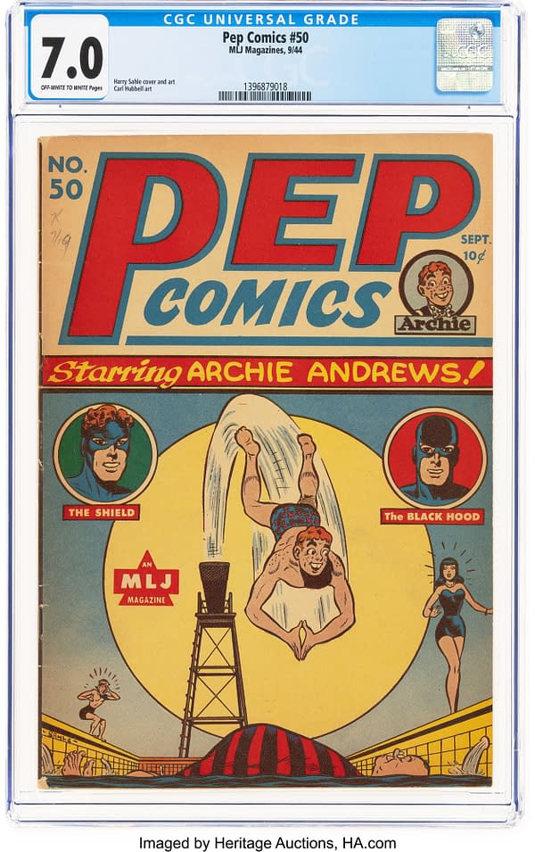 Pep Comics #50 (MLJ, 1944) front cover by Harry Sahle. Archie performs a high dive beneath portraits of the Shield and Black Hood
