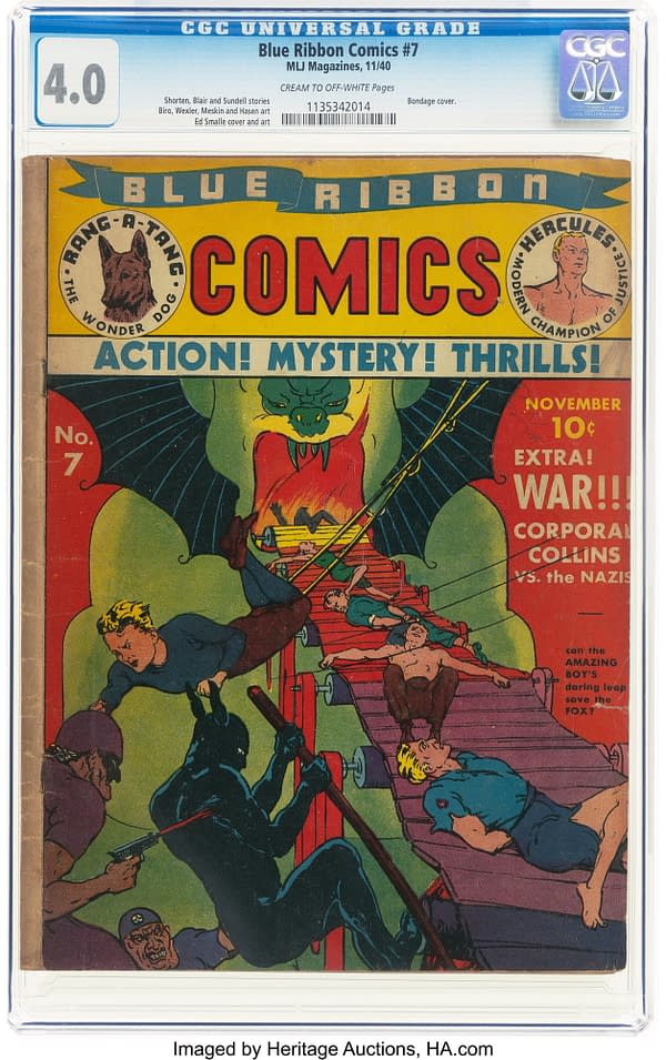 Blue Ribbon Comics #7 (MLJ, 1940) front cover by Ed Smalle. The Fox battles hooded gunmen on conveyor belts beneath a giant bat