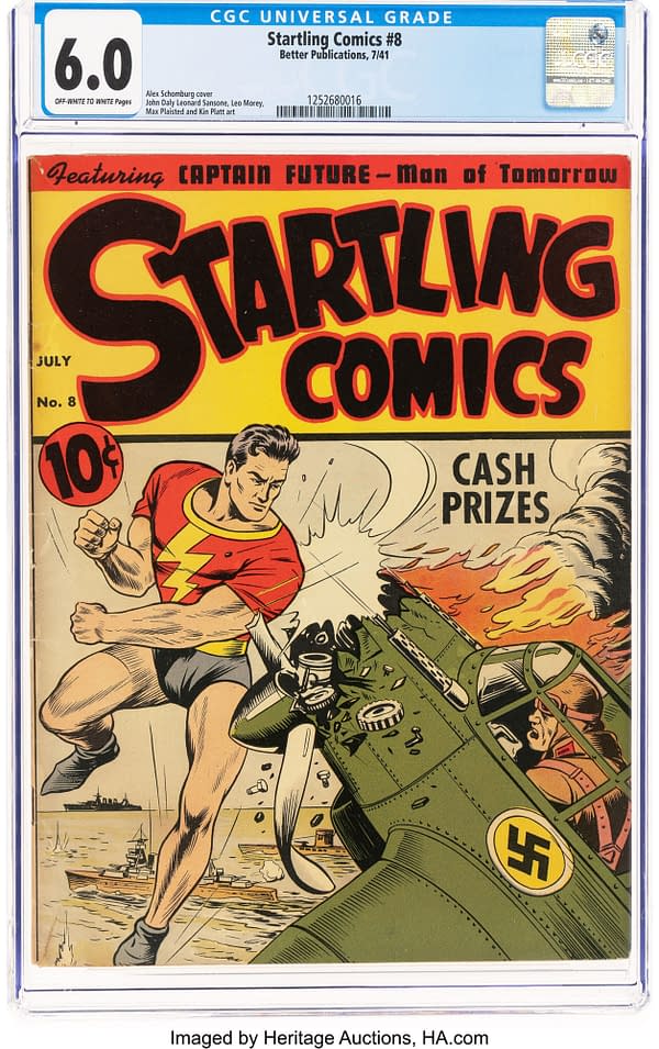 Startling Comics #8 (Better Publications, 1941) front cover by Alex Schomburg. Captain Future punches an enemy airman from a burning aircraft