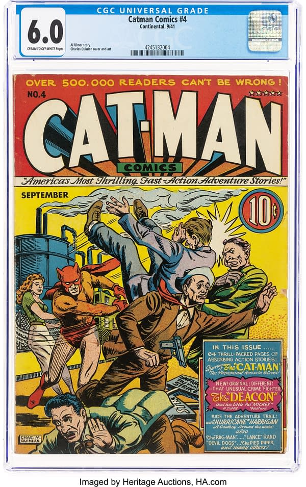 Cat-Man Comics #4 (Helnit, 1941) front cover by Charles Quinlan. Cat-Man fights saboteurs at an industrial plant
