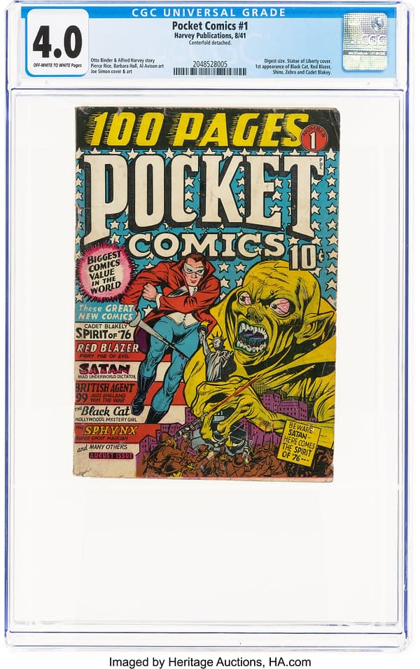 Pocket Comics #1 (Harvey, 1941) front cover by Joe Simon. The Spirit of '76 battles a giant Satan holding the Statue of Liberty