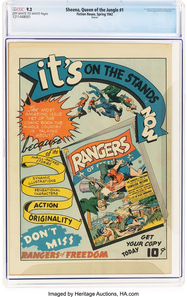 Sheena, Queen of the Jungle #1 (Fiction House, 1942) back cover. A colorful advertisement promotes Rangers of Freedom with a pictured comic cover and action scenes.