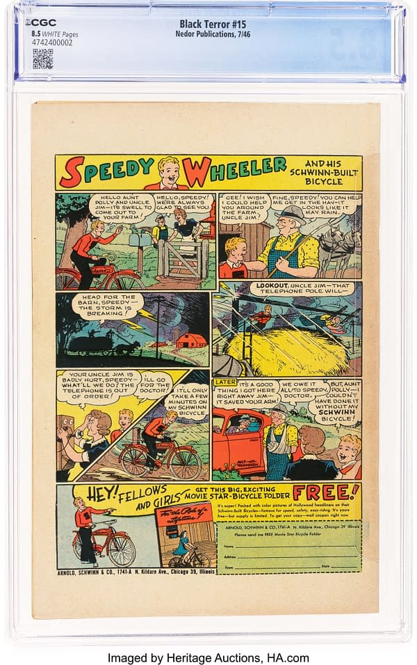 The Black Terror #15 (Nedor Publications, 1946) back cover in its CGC holder. A Speedy Wheeler advertisement by Milt Youngren shows a boy riding a Schwinn bicycle to fetch a doctor after a storm.