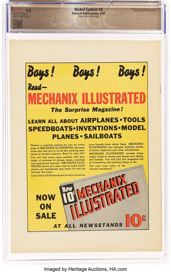 Nickel Comics #3 (Fawcett, 1940) back cover in its CGC holder. A yellow, red and black advertisement promotes the ten-cent Mechanix Illustrated magazine.