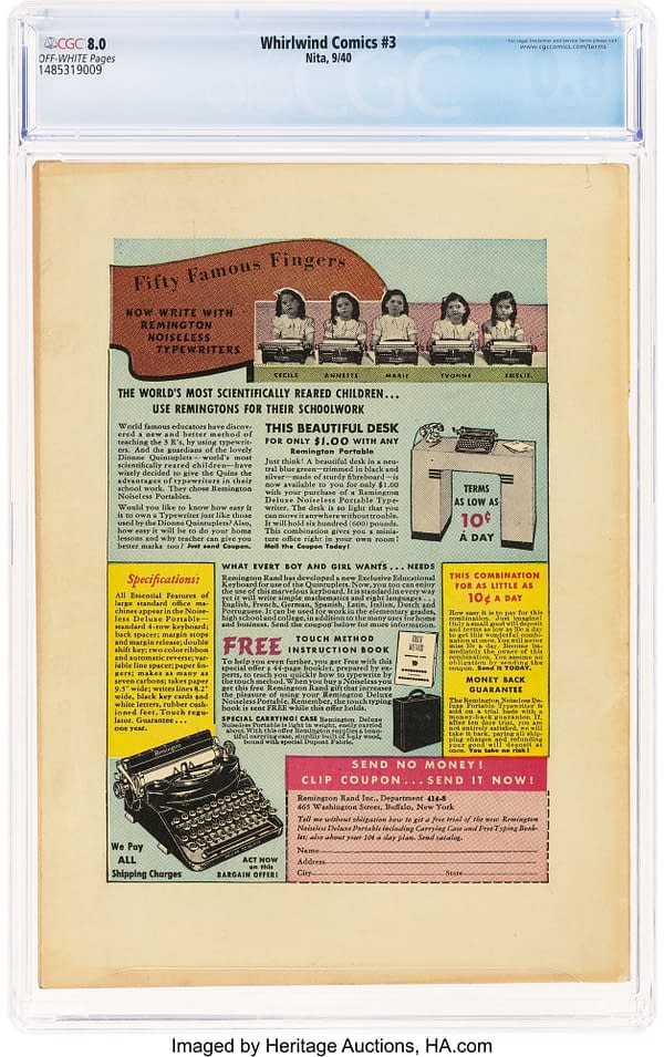Whirlwind Comics #3 (Nita, 1940) back cover in its CGC holder. A Remington advertisement shows the Dionne quintuplets at typewriters above a portable typewriter and desk offer.