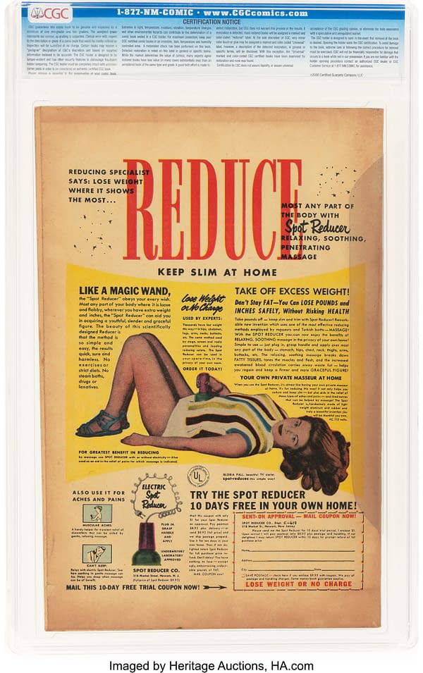 Ghost Comics #1 (Fiction House, 1951) back cover. A Spot Reducer advertisement depicts a reclining woman using an electric massage device.