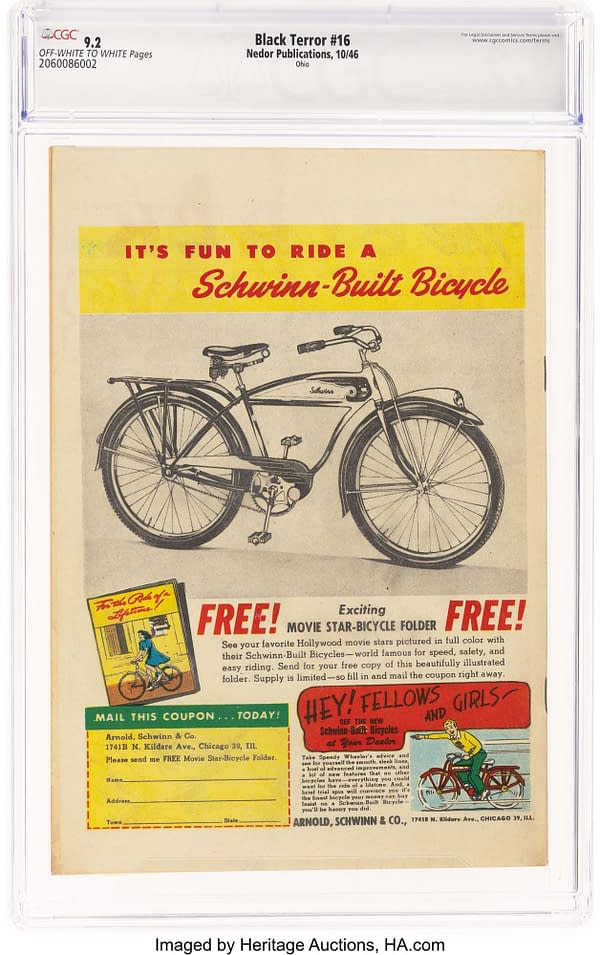 The Black Terror #16 (Nedor, 1946) back cover. Schwinn bicycle advertisement offering a free movie star and bicycle folder.