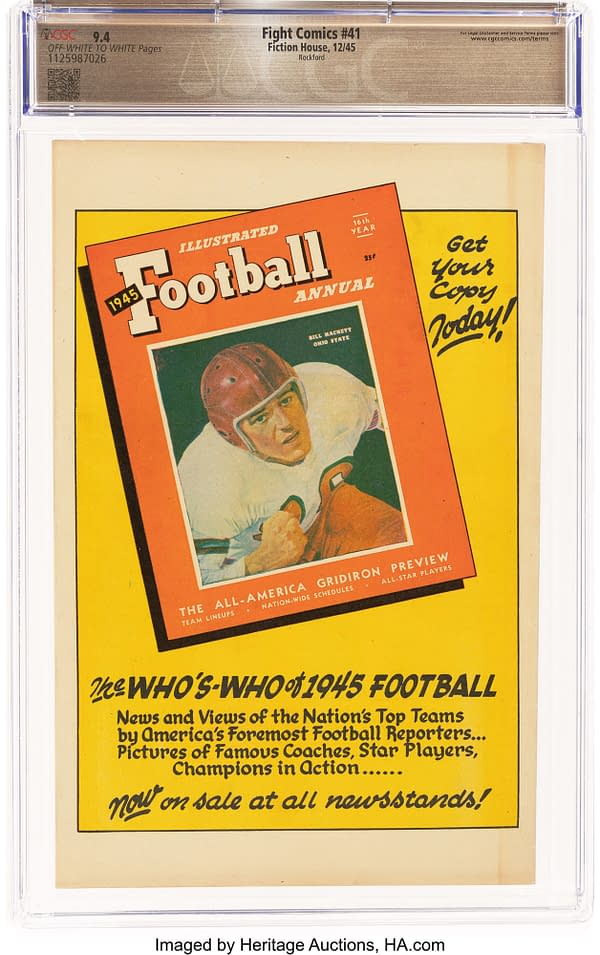 Fight Comics #41 (Fiction House, 1945) back cover. Advertisement for the 1945 Illustrated Football Annual featuring Ohio State player Bill Hackett.