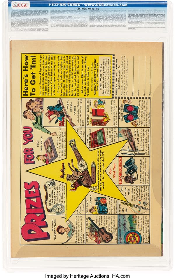 Doll Man #37 (Quality, 1951) back cover. American Specialty Company advertisement offers toys and other prizes for selling Christmas packs.