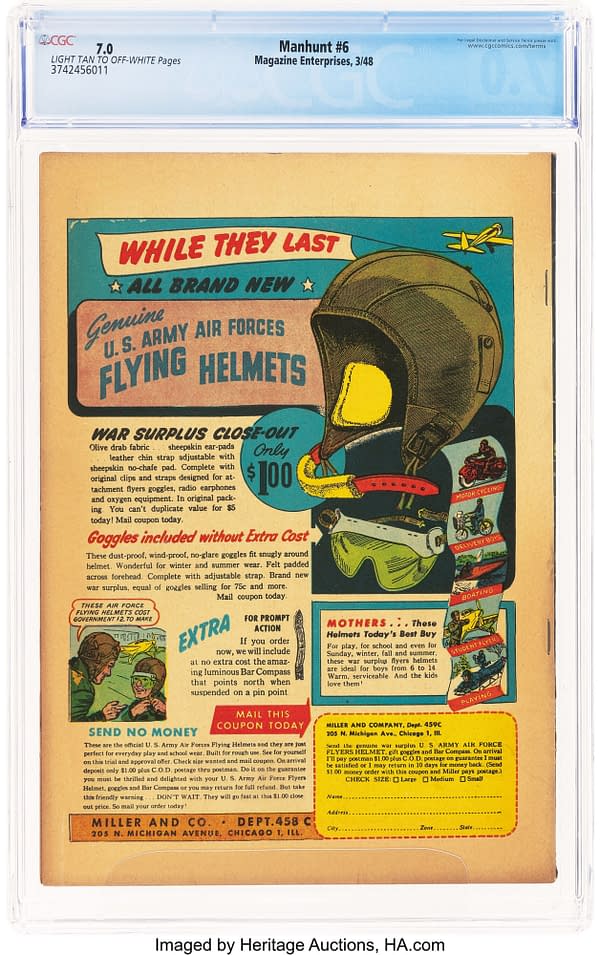 Manhunt #6 (Magazine Enterprises, 1948) back cover. Miller and Company advertisement offers U.S. Army Air Forces surplus flying helmets with goggles for one dollar.