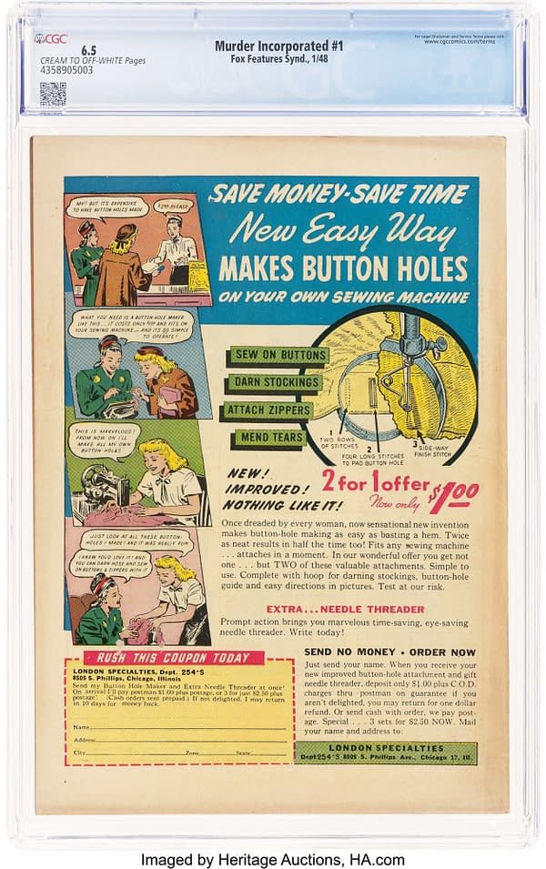 Murder Incorporated #1 (Fox, 1948) back cover. A London Specialties advertisement promotes a buttonhole-making attachment for a home sewing machine, with illustrations of women and the device.