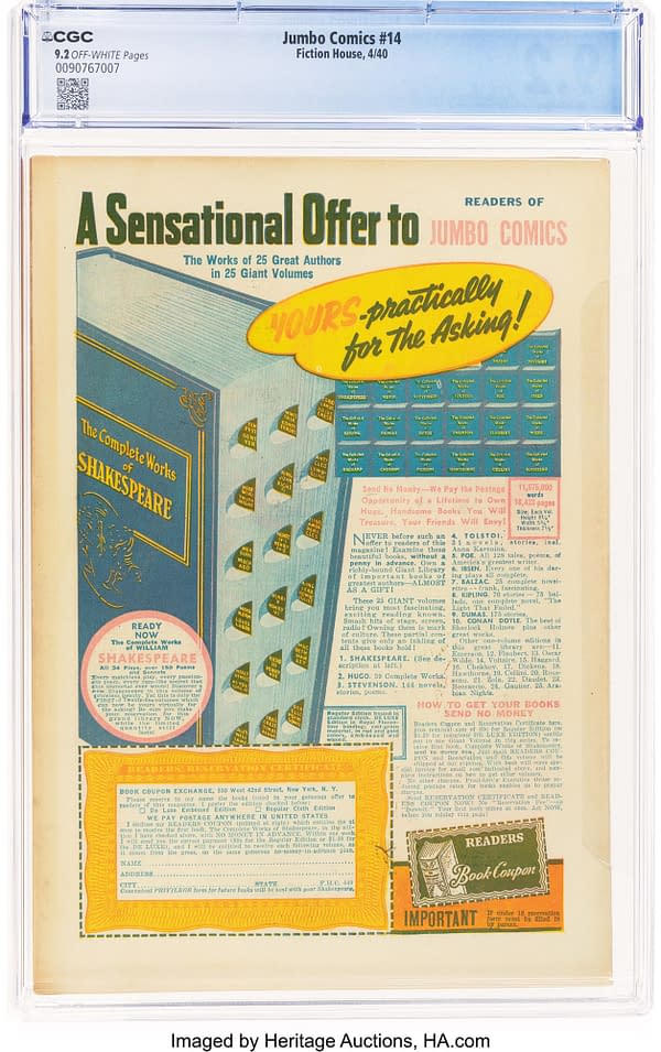Jumbo Comics #14 (Fiction House, 1940) back cover. A Book Coupon Exchange advertisement offers collected works by 25 authors, with illustrated books and a readers reservation certificate.