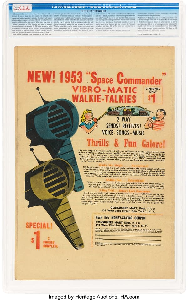 Menace #5 (Atlas, 1953) back cover. Advertisement for Space Commander Vibro-Matic walkie-talkies.